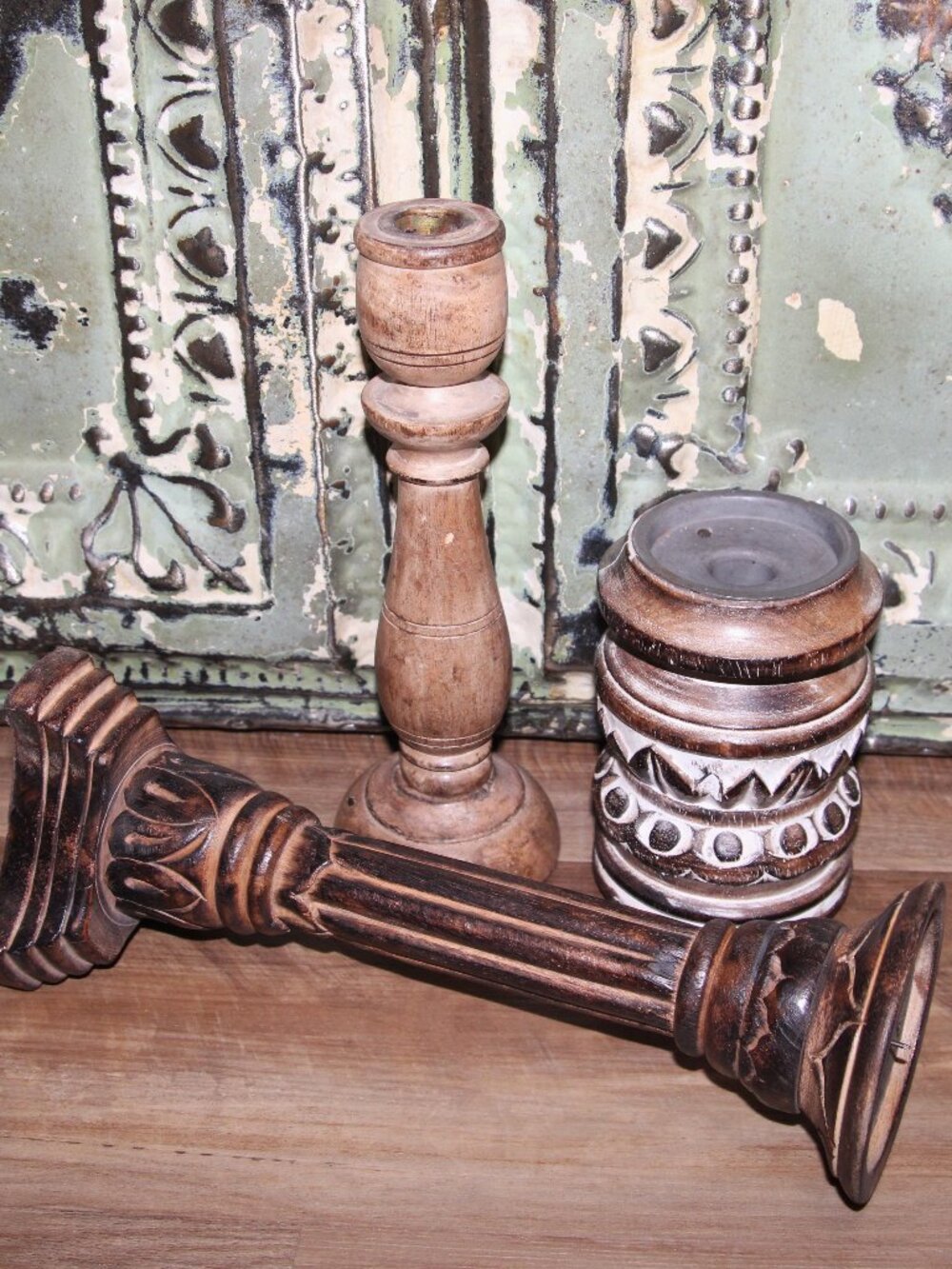 Ornate Vintage French Country BOHO Farmhouse Wood Candle Holders